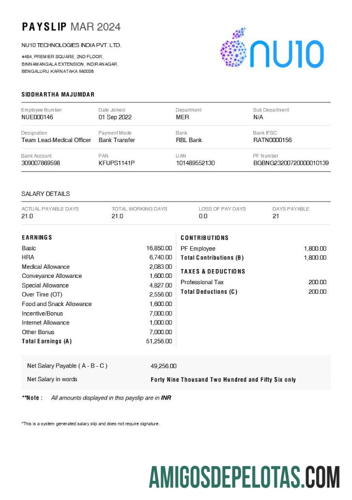 Realista Modelo de recibo de pagamento da NU10 Technologies Índia em formatos Word e PDF.pdf, 1